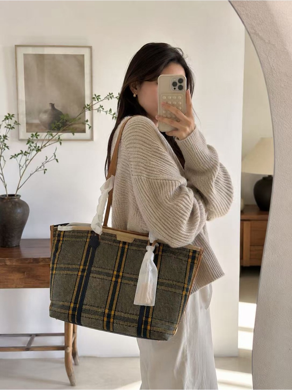 Tory Burch Plaid Wool Tote Bag Large Shoulder Bag Quiet Luxury
